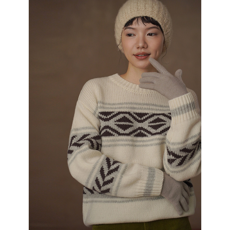 伝統的なフェアアイルニット ほっこりレトロな100%ウールのゆったりクルーネックセーター#879