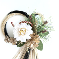 黒金水引結び注連縄白扇赤椿 しめ縄 正月 正月飾り 正月リース しめ縄