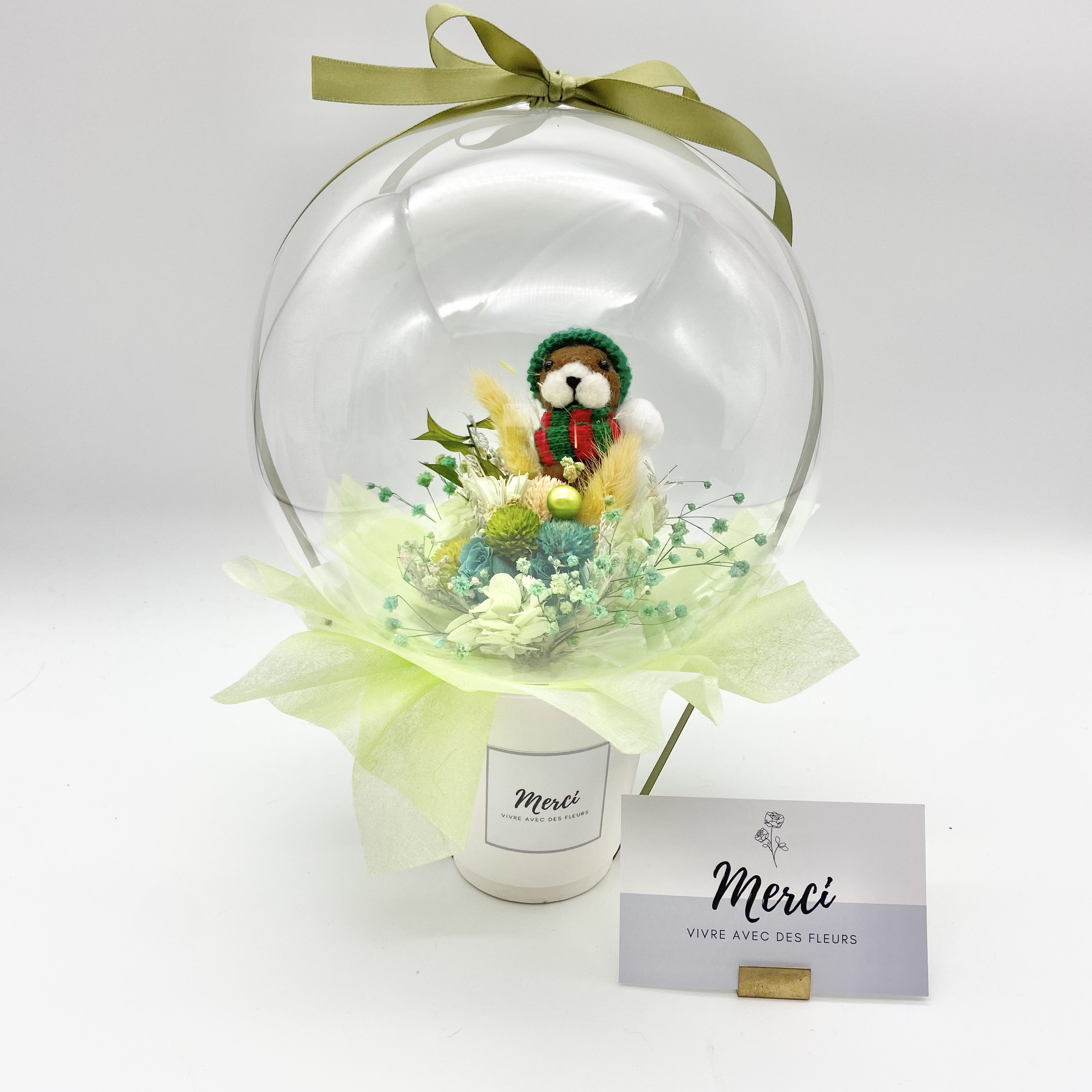 グリーン♡プリザーブドフラワー、羊毛カワウソ♡フラワーバルーン　カップタイプ