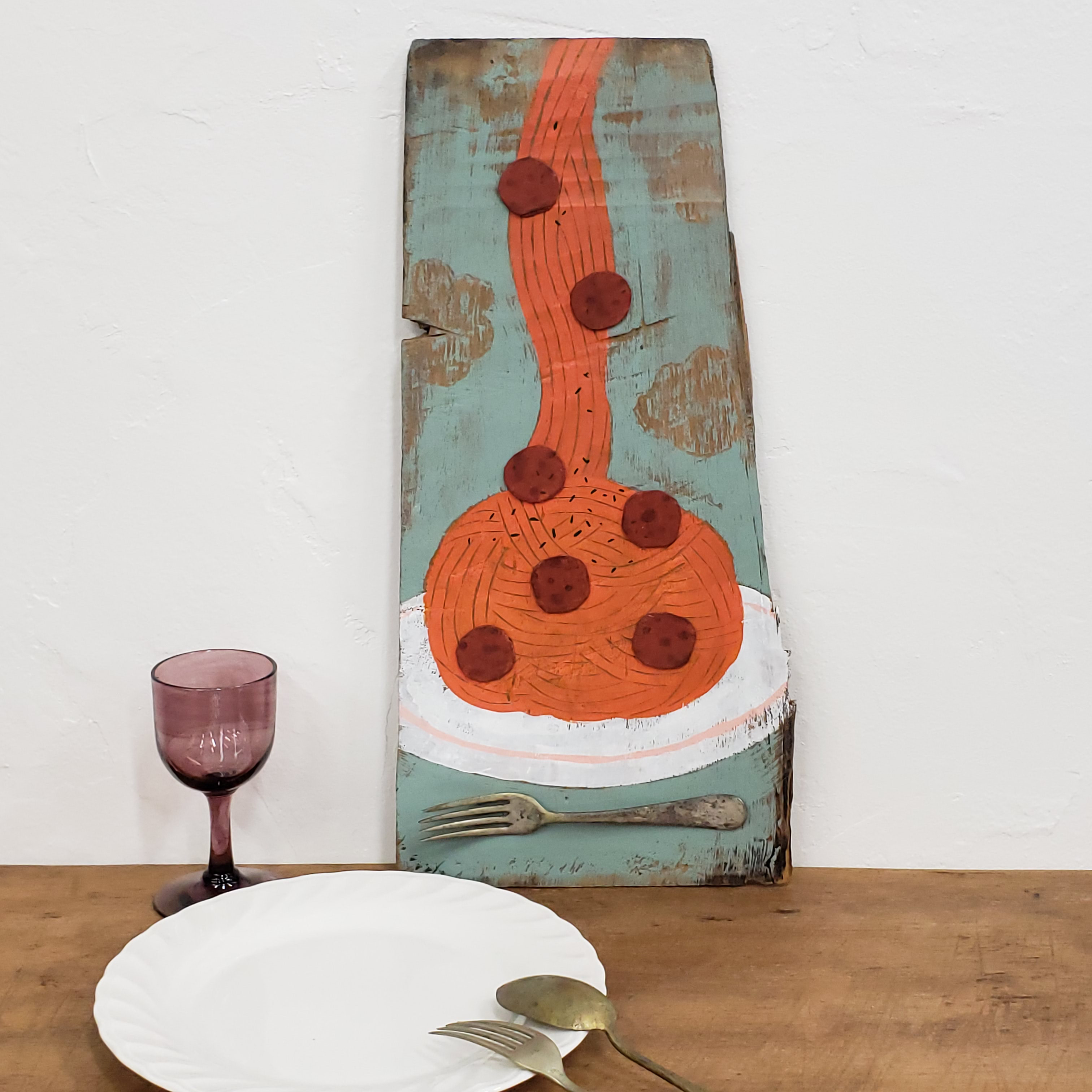 ミートボールスパゲッティの看板風絵画/お家カフェ、インテリアの飾りに/立て掛け看板