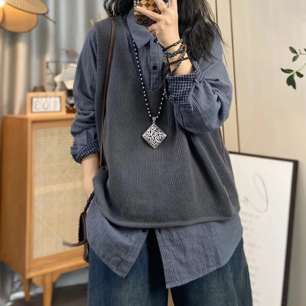 【深Vネック】ゆったり プルオーバー ニットベスト | リブ編み | 大人レイヤードスタイル