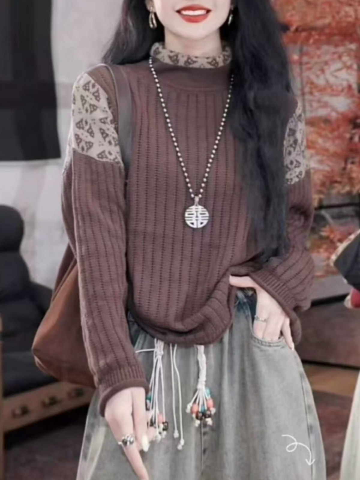 【レトロ柄がおしゃれ】ハイネック リブニット | 異素材ショルダー切替 | ナチュラルスタイル