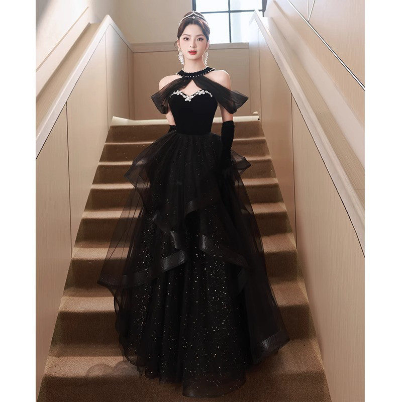 黒 半袖 ロング きらきら カラードレス シンプル 韓国風 ウェディング パーティー 誕生日 演奏会 二次会 AK281