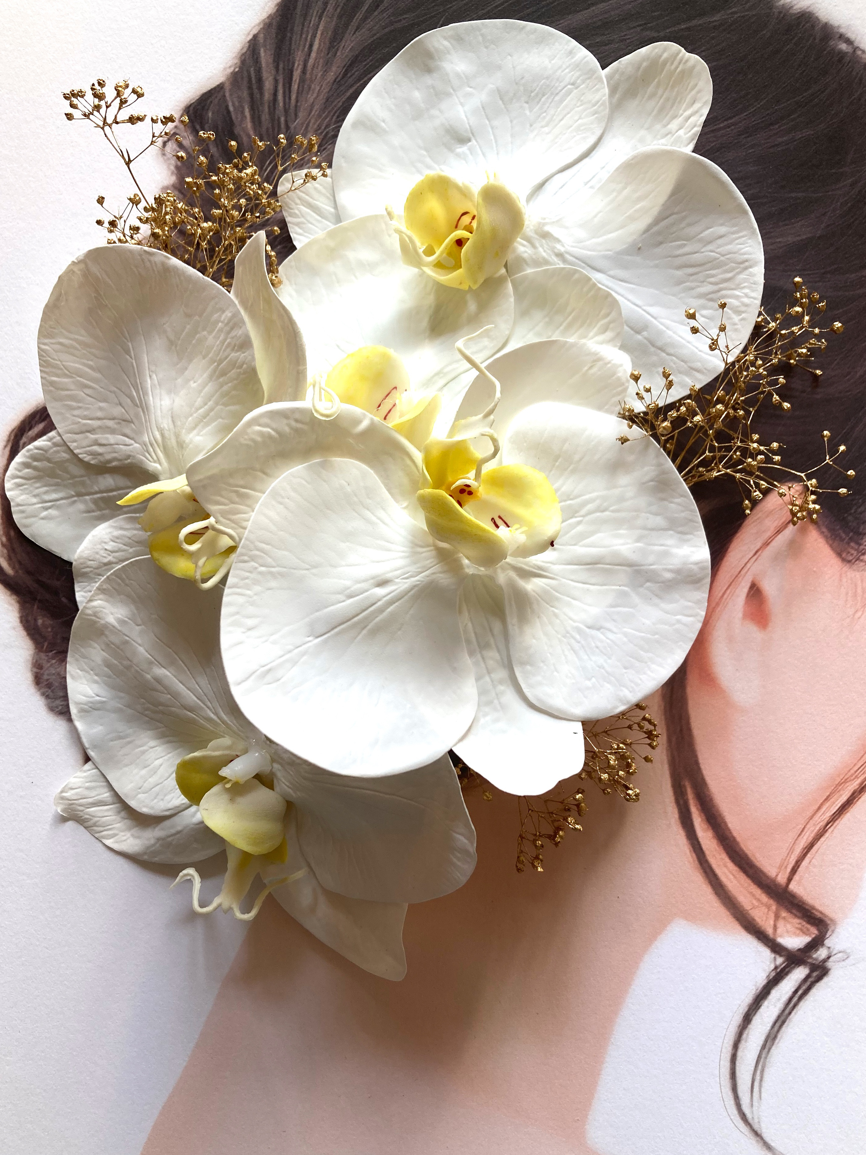 白大輪胡蝶蘭　　5輪髪飾り　かすみ草　花嫁ヘア　打掛ヘア　ブライダル　謝恩会　和装　成人式ヘア