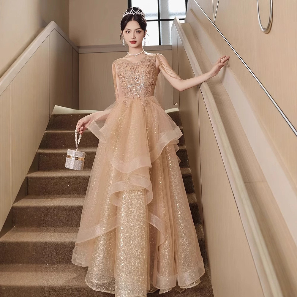 カーキ オフショルダー ロング カラードレス プリンセス 韓国風 ウェディング パーティー 演奏会 二次会 AK285