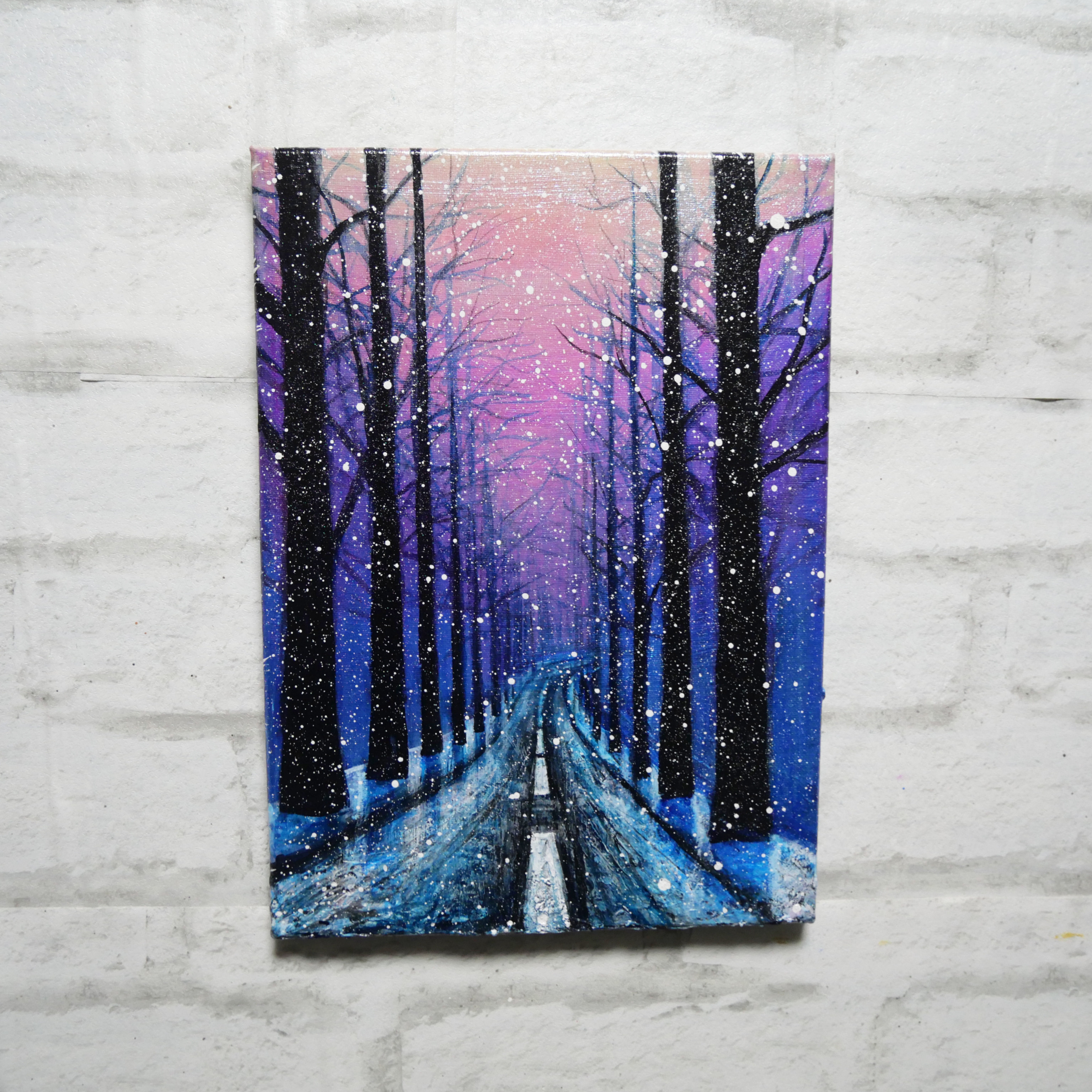 手描きイラスト 油絵　絵画　直筆原画 一点物 夜の山雪　【667】 オリジナル