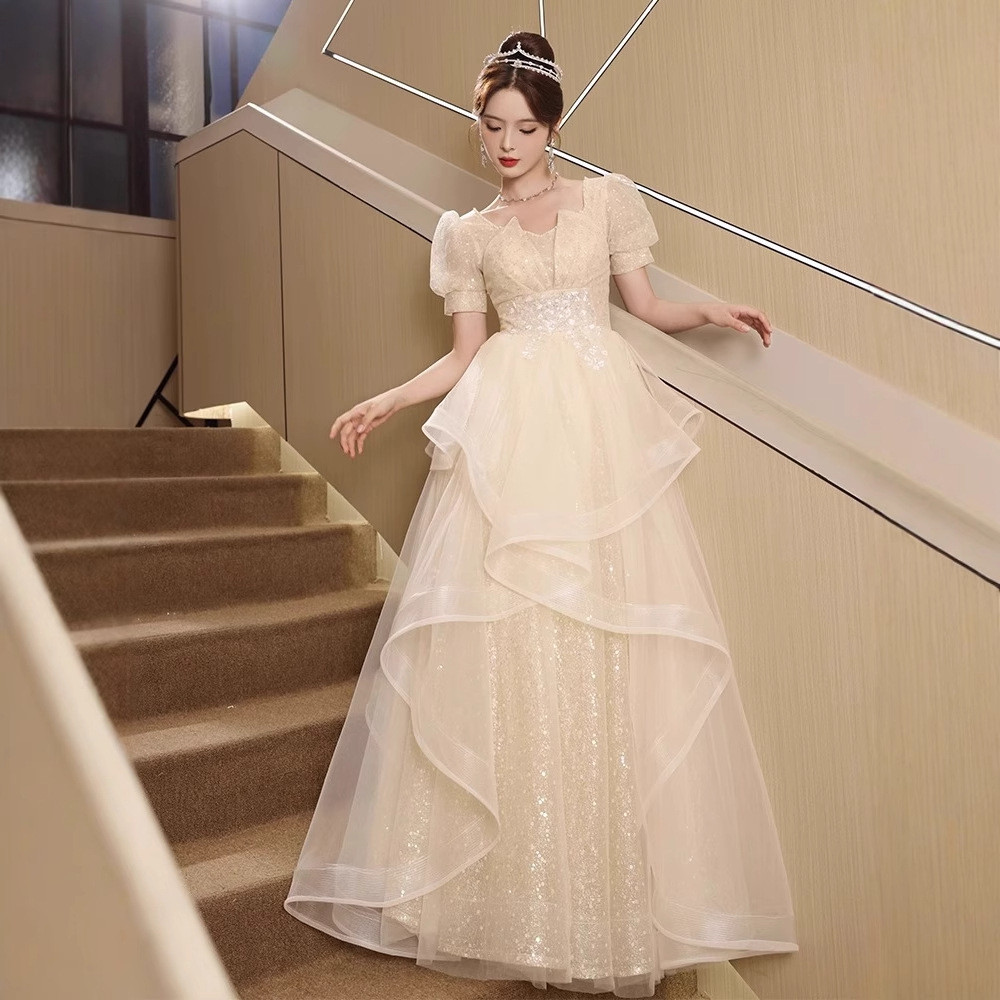 シャンパン色 半袖 ロング カラードレス プリンセス 韓国風 ウェディング パーティー 演奏会 二次会 AK286