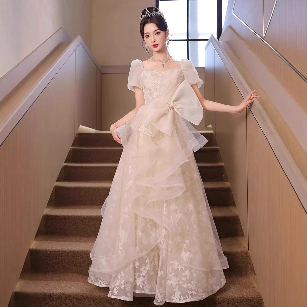 シャンパン色 長袖 ロング カラードレス プリンセス 韓国風 ウェディング パーティー 演奏会 二次会 AK289