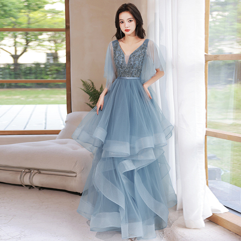 青 Vネック ロング カラードレス おしゃれ 綺麗 ウェディング パーティー 演奏会 二次会 AK290
