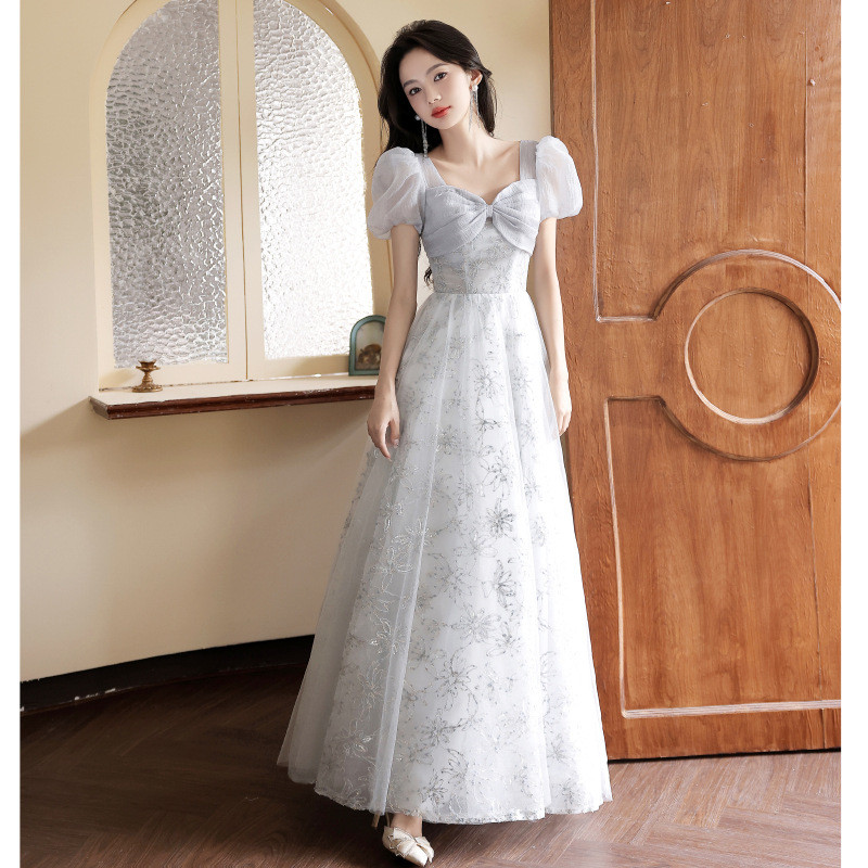 シルバーグレー 半袖 ロング カラードレス おしゃれ 綺麗 韓国風 ウェディング パーティー 演奏会 二次会 AK292