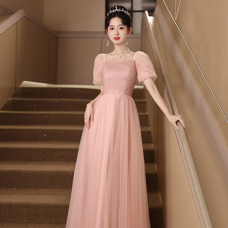 ピンク 半袖 ロング カラードレス プリンセス 綺麗 韓国風 ウェディング パーティー 演奏会 二次会 AK293