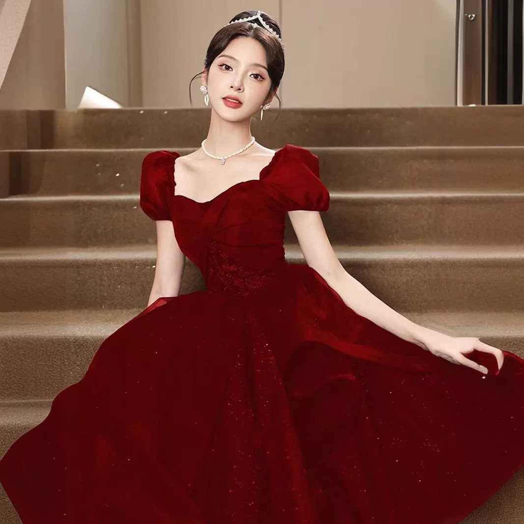 赤 半袖 ロング カラードレス プリンセス 綺麗 韓国風 花嫁 ウェディング パーティー 演奏会 二次会 AK294