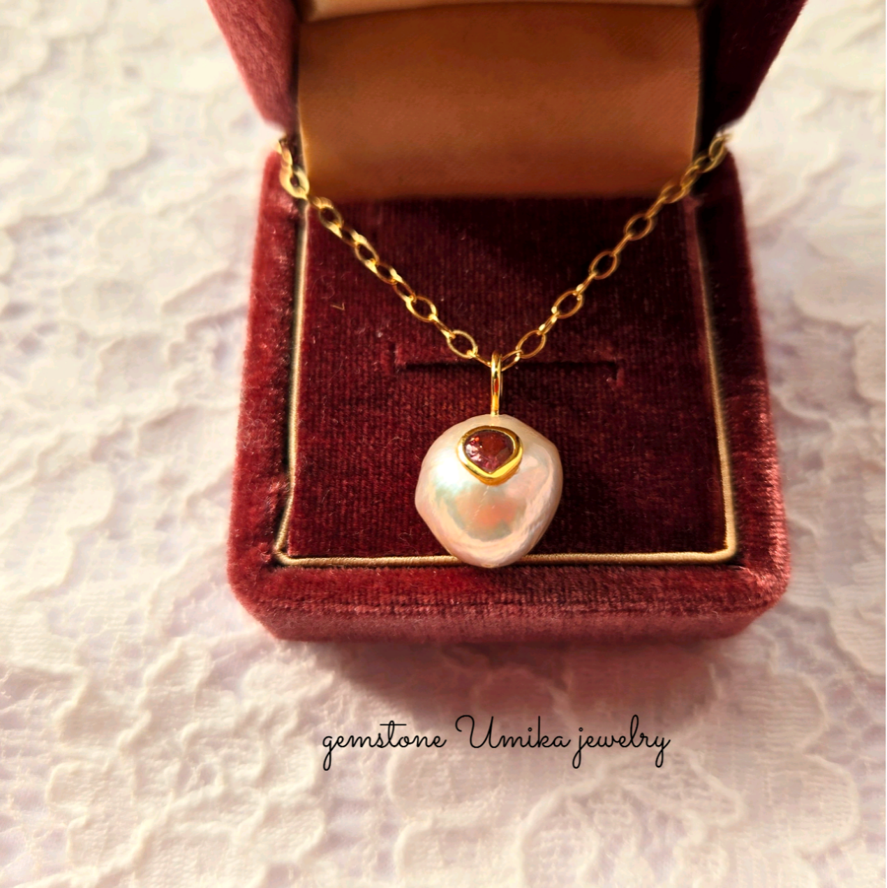 インレー淡水バロックパール×ピンクトルマリンペンダントトップネックレス14kgf〜上質〜