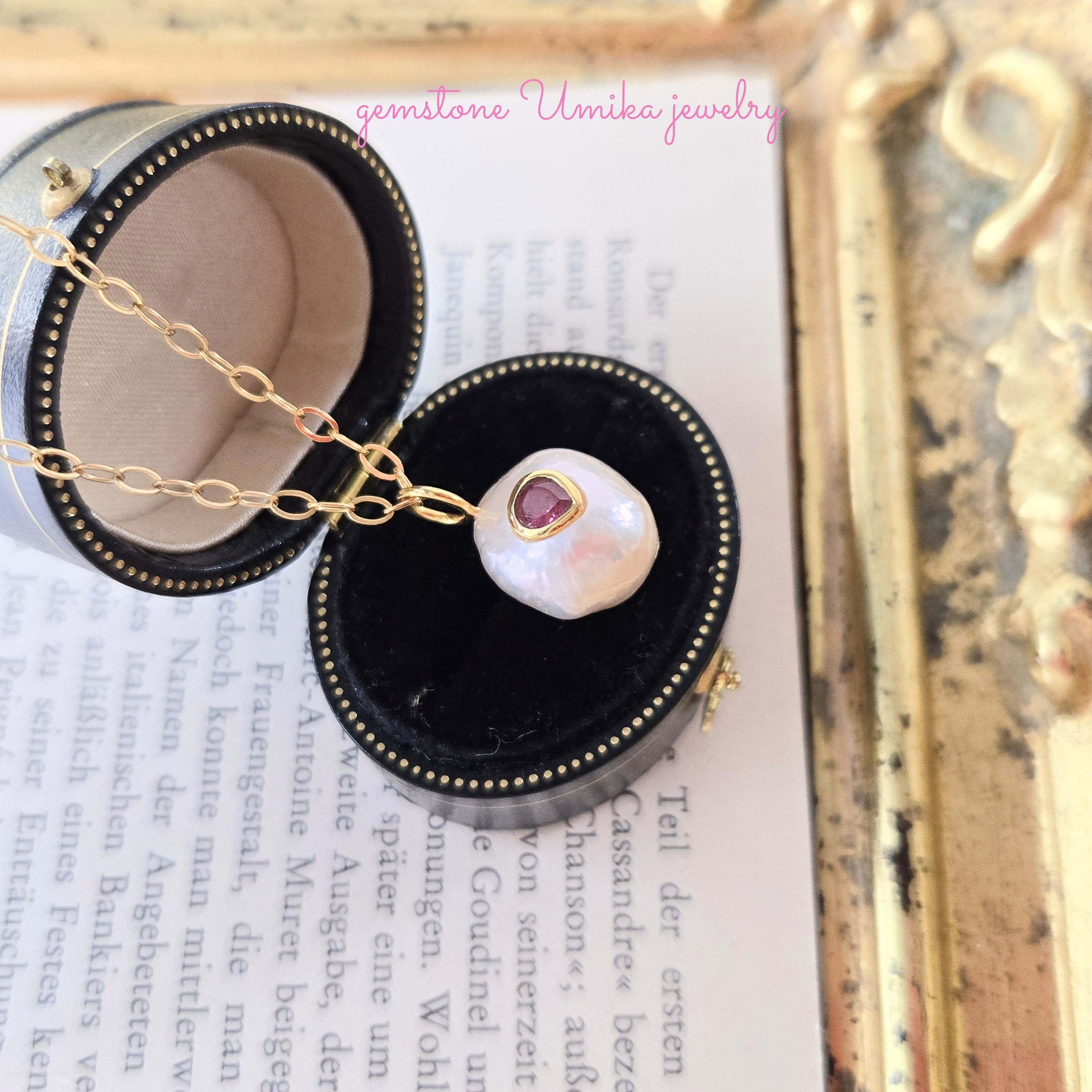 インレー淡水バロックパール×ピンクトルマリンペンダントトップネックレス14kgf〜上質〜