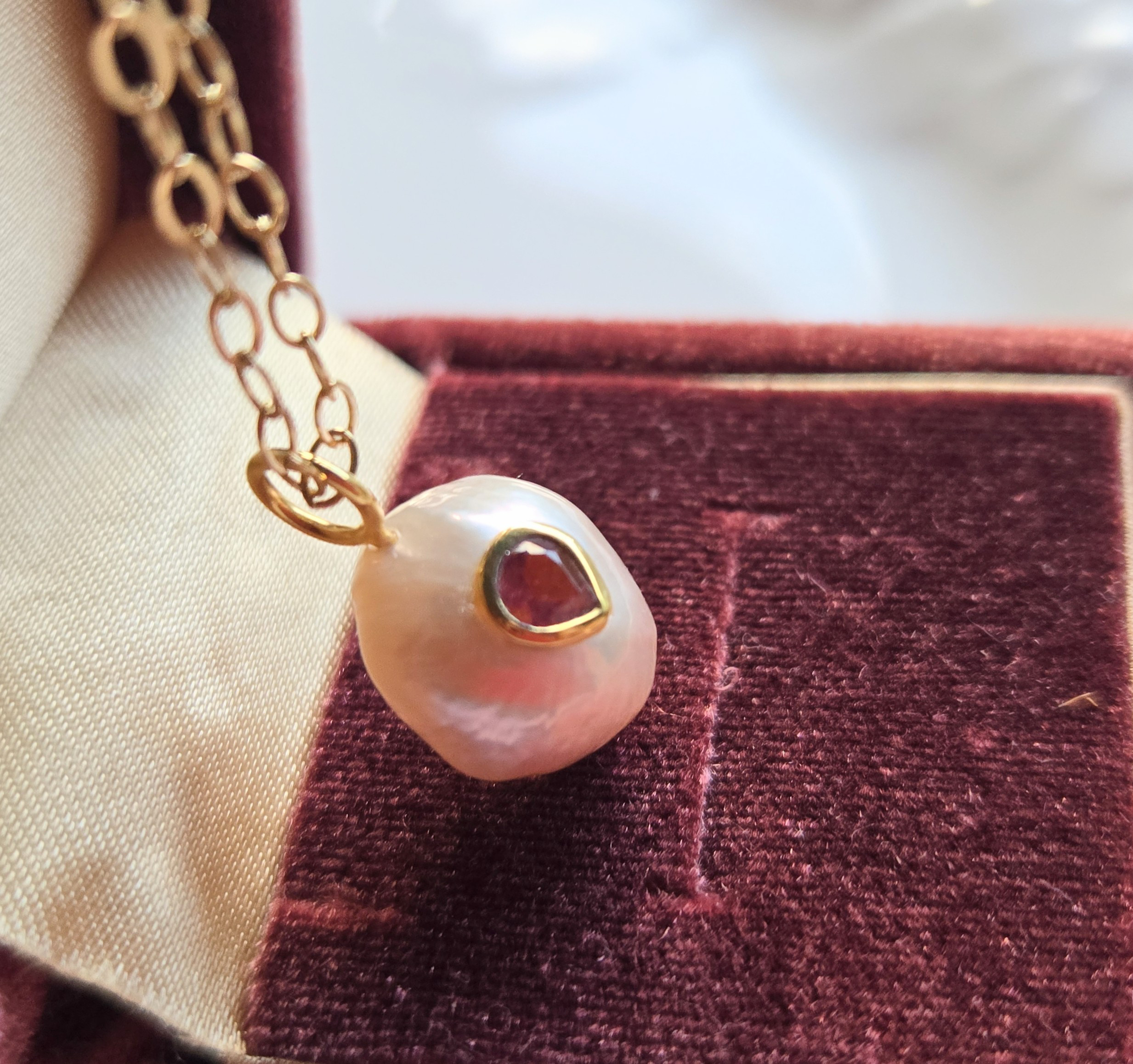 インレー淡水バロックパール×ピンクトルマリンペンダントトップネックレス14kgf〜上質〜