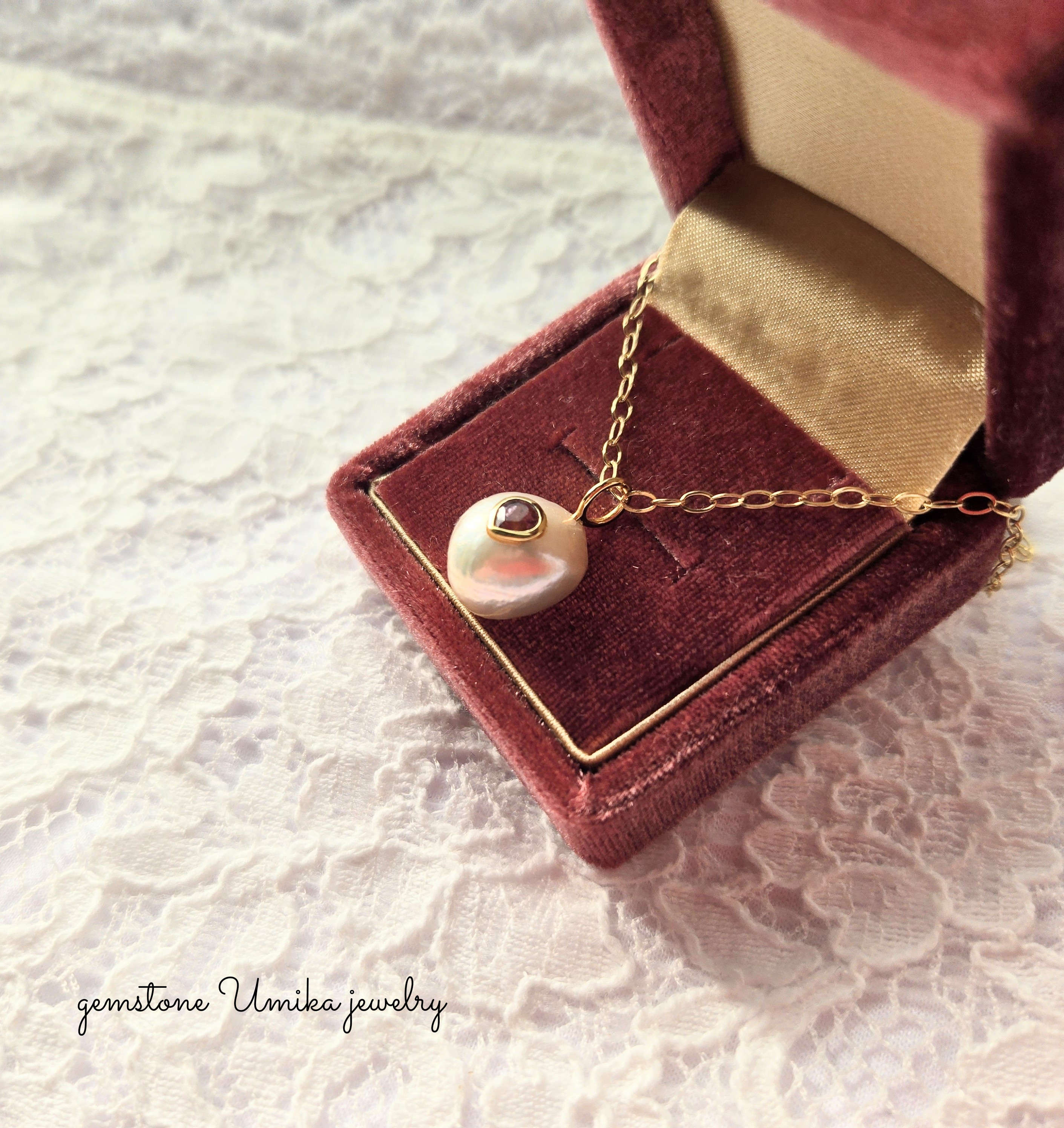 インレー淡水バロックパール×ピンクトルマリンペンダントトップネックレス14kgf〜上質〜