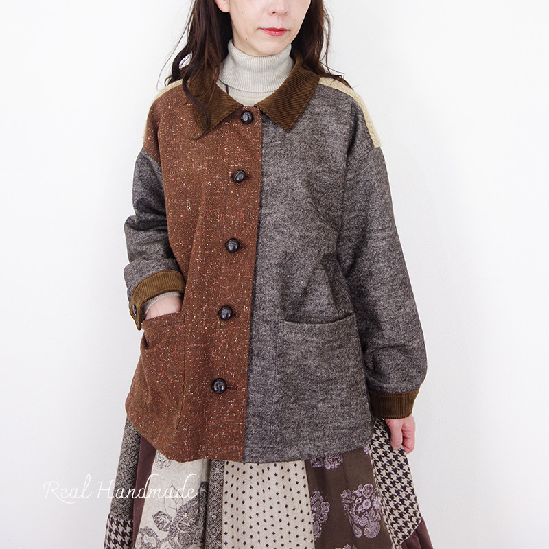 [予約販売] ウールネップとツイードのパッチワーク羽織りジャケット（セットアップ可）