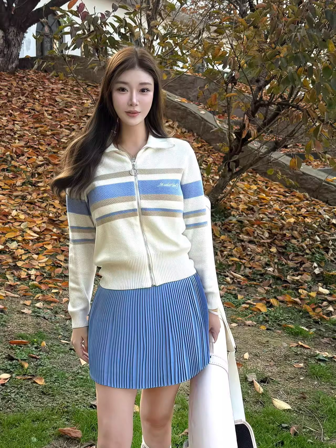 秋冬 春 ゴルフウェア 上下セット ジャケット スカート 高級感 韓国風 長袖 青 レディース GF014