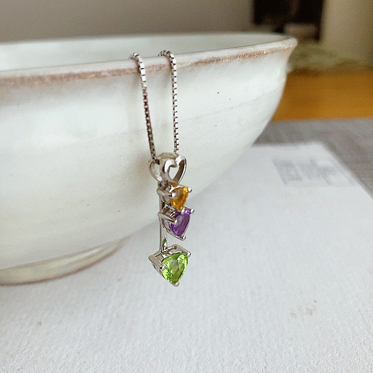 3色のハート｜シトリン・アメジスト・ペリドット天然石イタリアンシルバーペンダント