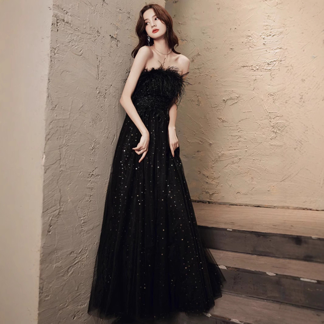 黒 オフショルダー ロング キラキラ カラードレス 高級感 韓国風 ウェディング パーティー 演奏会 二次会 AK296