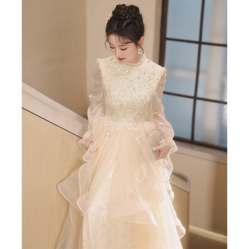 シャンパン色 長袖 ロング キラキラ カラードレス 綺麗 韓国風 ウェディング パーティー 演奏会 二次会 AK297 9,668円