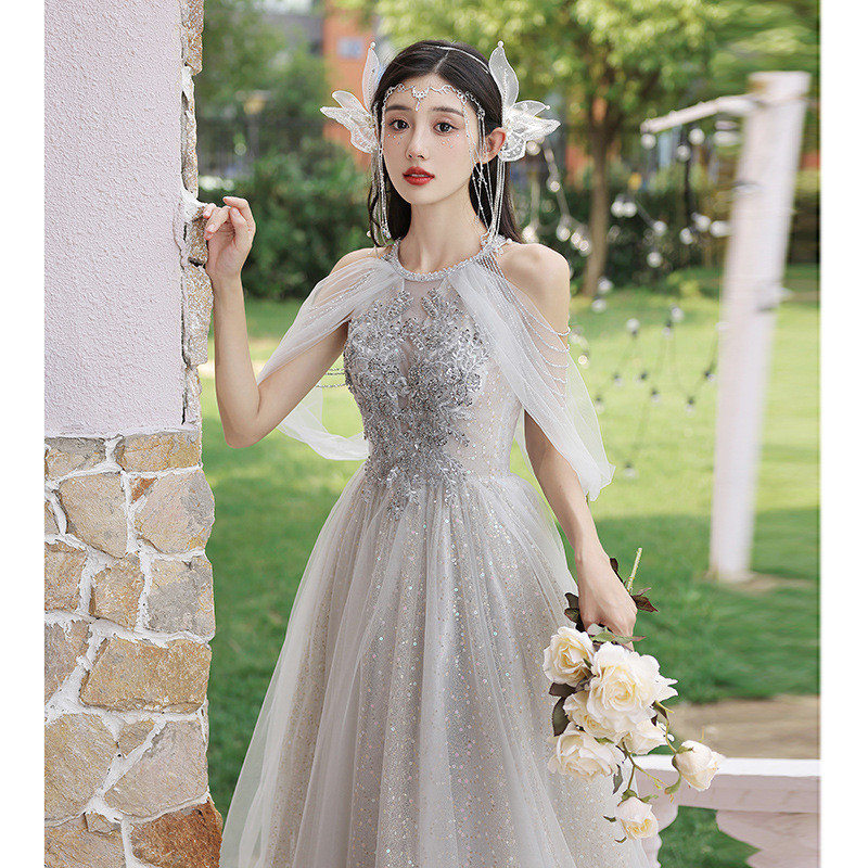 グレー ピンク ロング キラキラ カラードレス プリンセス 韓国風 ウェディング パーティー 演奏会 二次会 AK299