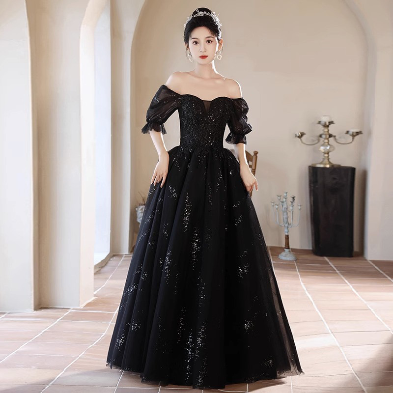 黒 グレー オフショルダー ロング カラードレス 高級感 韓国風 ウェディング パーティー 演奏会 二次会 AK302 7,693円