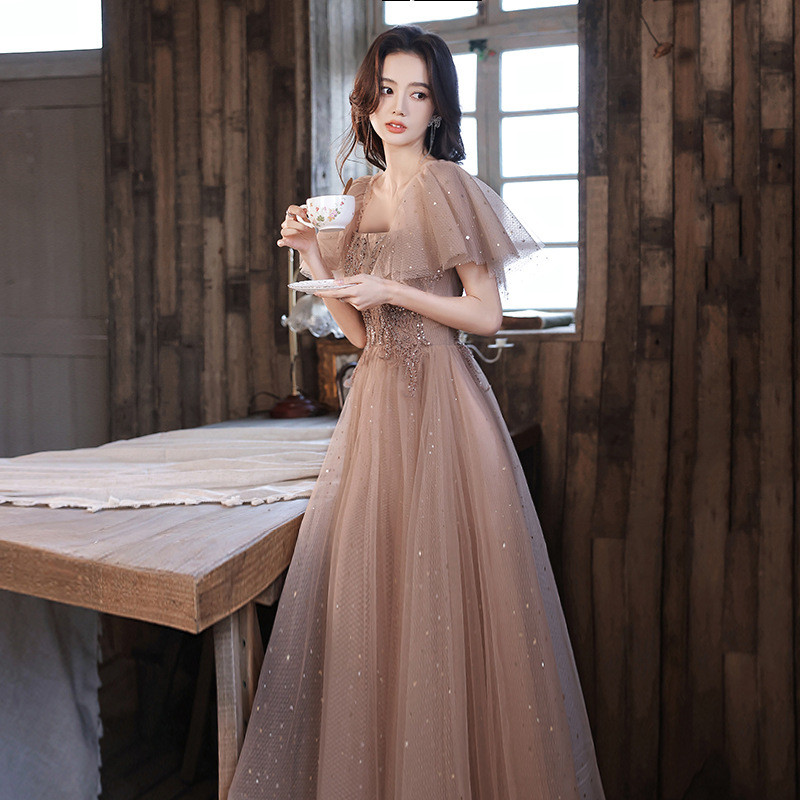 カーキ オフショルダー ロング カラードレス プリンセス 韓国風 ウェディング パーティー 演奏会 二次会 AK303