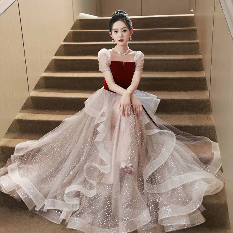 ワインレッド 半袖 ロング カラードレス プリンセス 韓国風 花嫁 ウェディング パーティー 演奏会 二次会 AK304