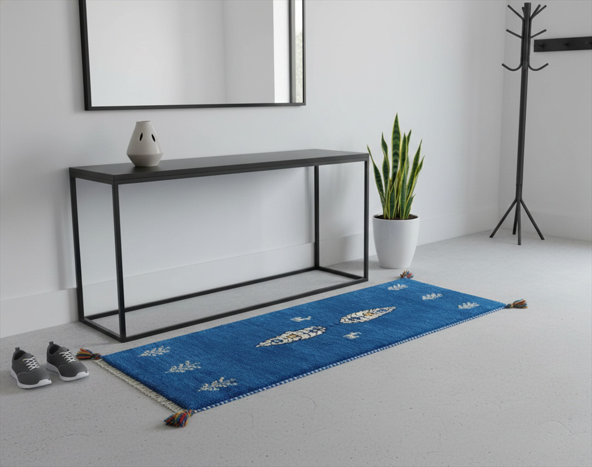 ペルシャ ギャッベ ミニランナー 120x42cm ロイヤルブルー　糸杉　生命の木 RJ16269