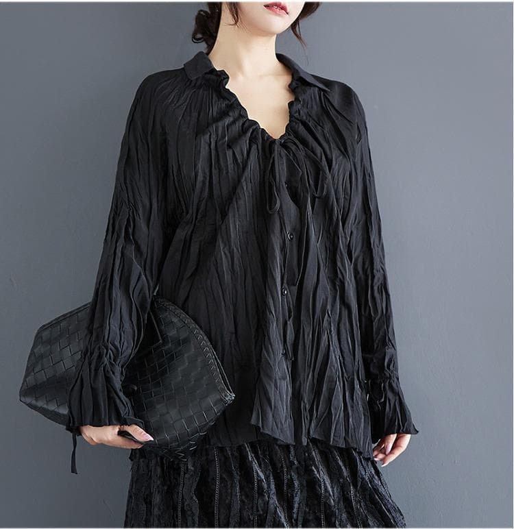 大きいサイズ トップス　くしゅくしゅ　レディース 秋冬　春 新品 長袖　ブラック