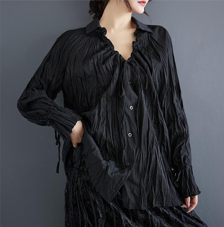 大きいサイズ トップス　くしゅくしゅ　レディース 秋冬　春 新品 長袖　ブラック