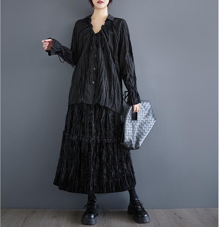 大きいサイズ トップス　くしゅくしゅ　レディース 秋冬　春 新品 長袖　ブラック