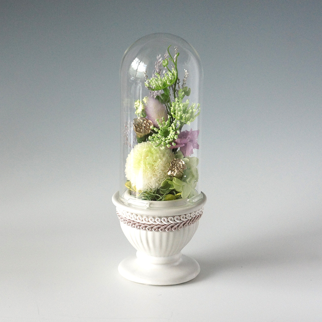 ガラスドーム入りお供えの花「淡緑」　プリザーブドフラワー　お手入れが楽な仏花