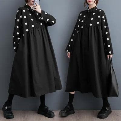 【新品】大きいサイズ ドット柄ロングワンピース ゆったり 体型カバー秋冬長袖
