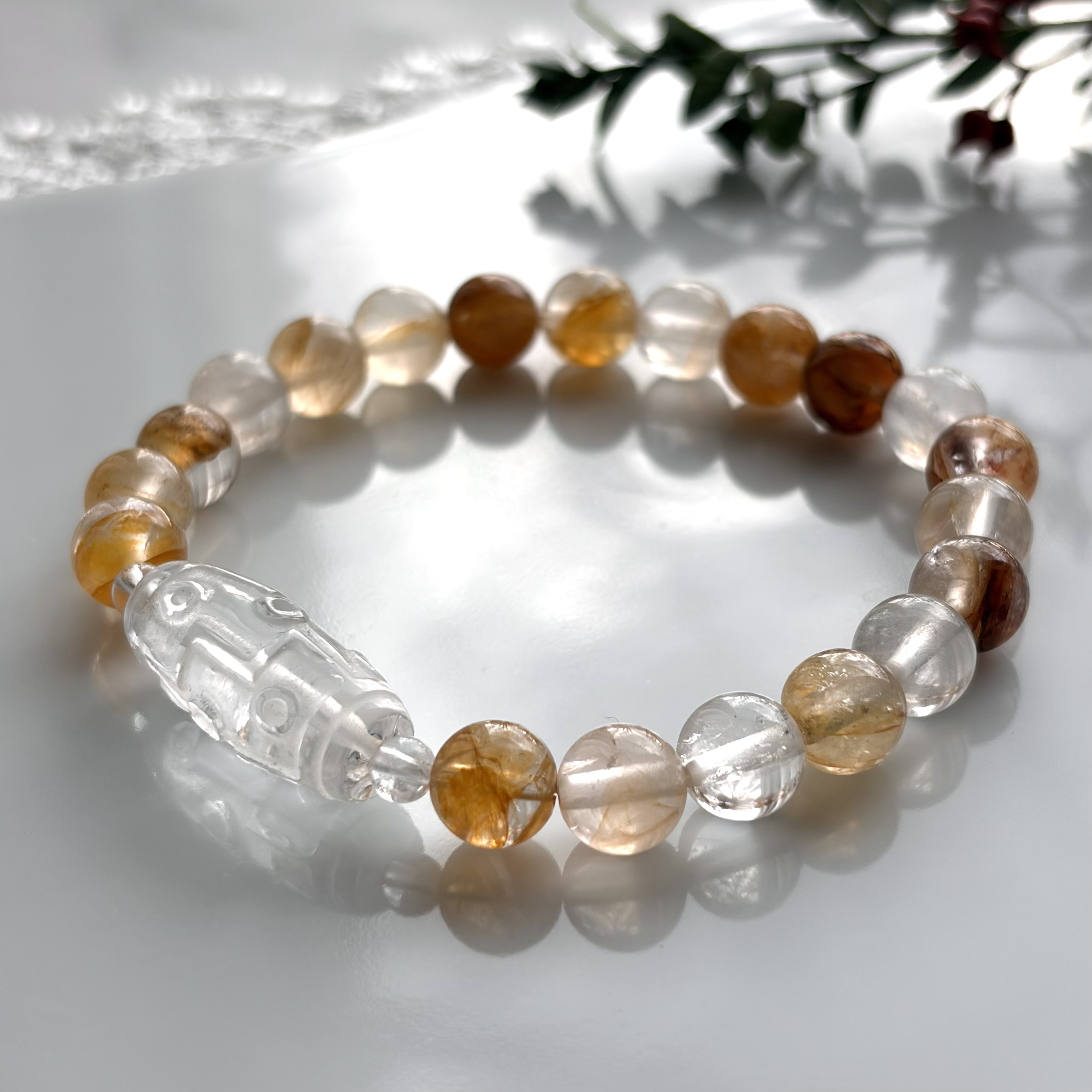 九眼天珠彫り水晶&イエローマニカランヒマラヤ水晶ブレス
