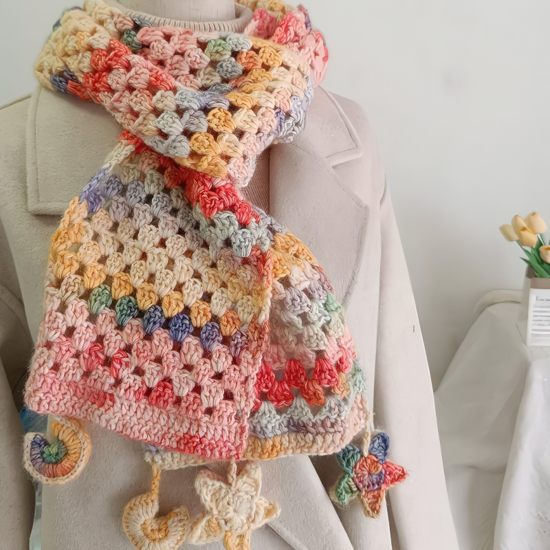 手編みマフラー  完全手編み毛糸マフラー 冬の贈り物  手編み ロングマフラー 星の形 カラフル