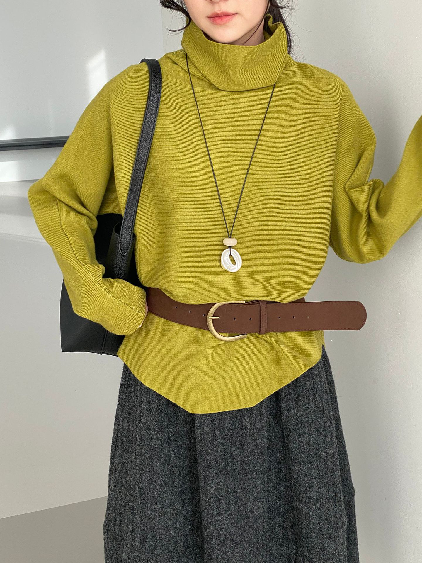 秋レディースバットスリーブタートルネックセーター ベルト付き【返品・交換可】品質最優先25-587