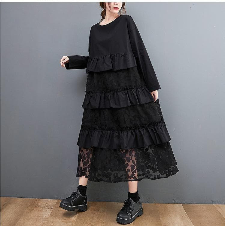 大きいサイズ　レディース　秋冬　ロング　ワンピース　花柄　フリル　長袖