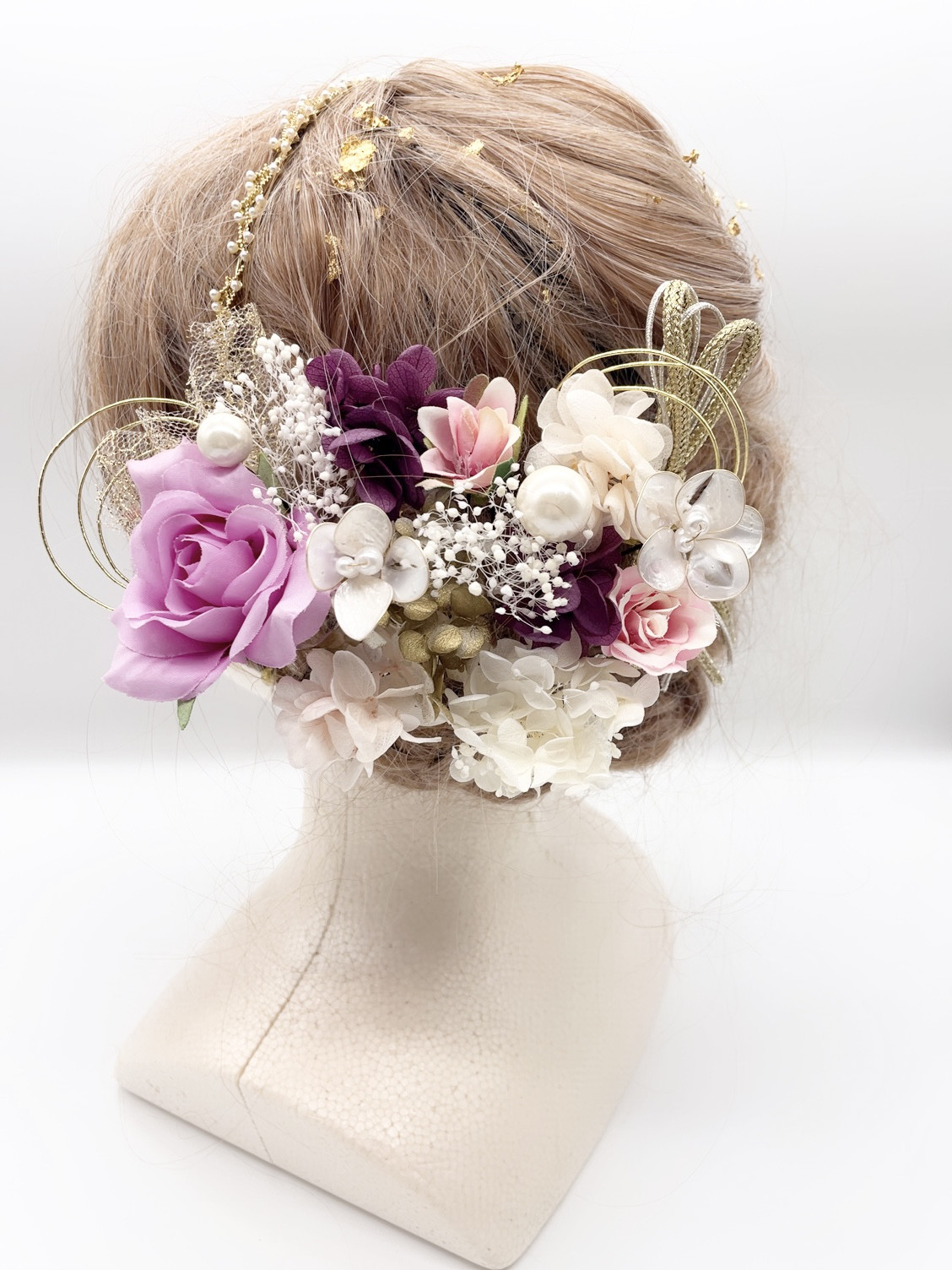 和装髪飾り　ヘッドドレス　金箔×水引　ゴールド　紫　ピンク