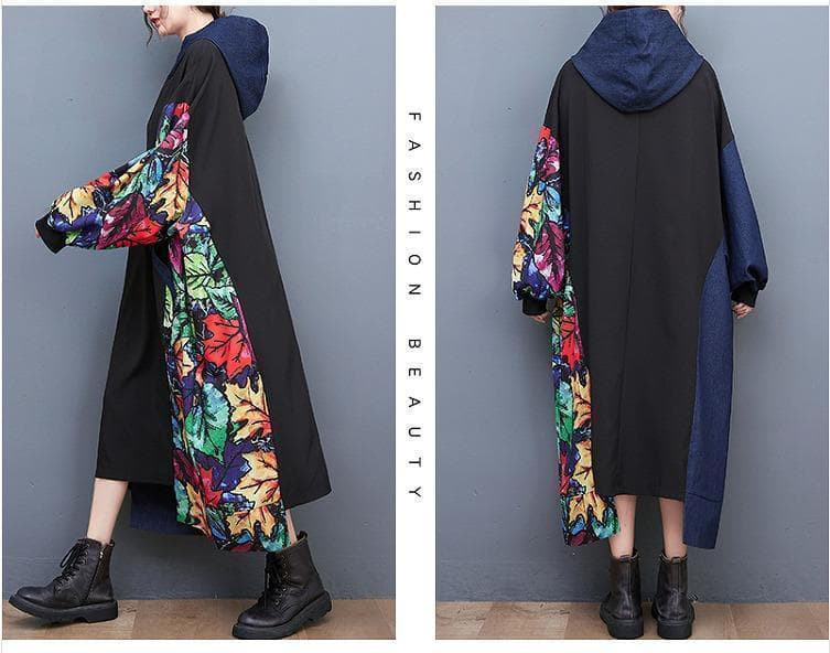 新品大きいサイズ韓国風 プルオーバー長袖パーカーフード付秋冬ロングワンピース