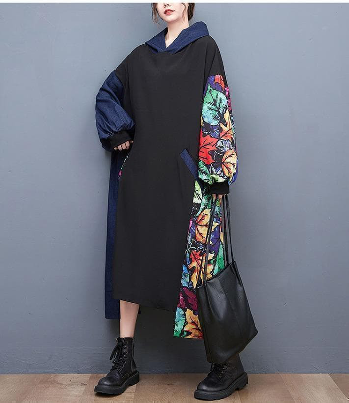 新品大きいサイズ韓国風 プルオーバー長袖パーカーフード付秋冬ロングワンピース