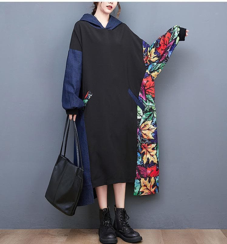 新品大きいサイズ韓国風 プルオーバー長袖パーカーフード付秋冬ロングワンピース