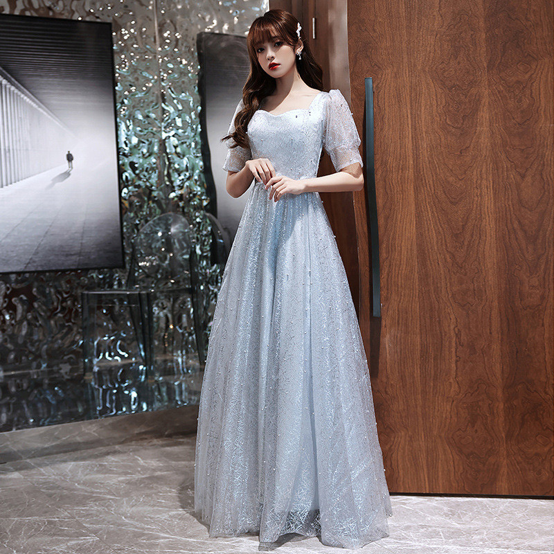 ブルーグレー ゴールド きらきら ロング カラードレス 高級感 ウェディング パーティー 演奏会 二次会 AK310