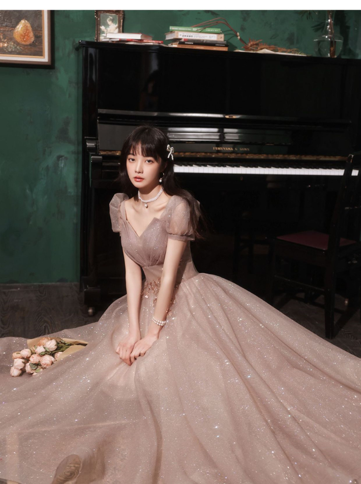 ピンク 半袖 きらきら ロング カラードレス プリンセス 高級感 ウェディング パーティー 演奏会 二次会 AK311