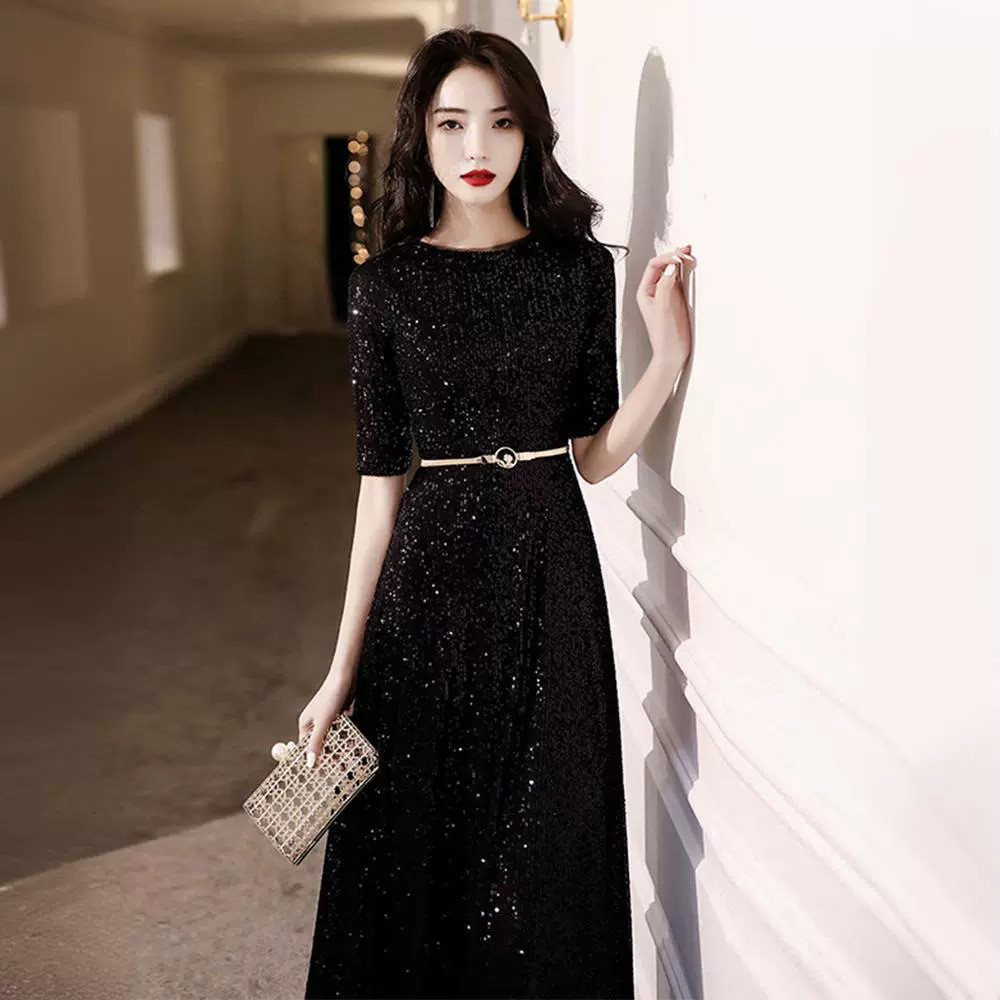 黒 ゴールド きらきら ロング カラードレス エレガント 韓国風 ウェディング パーティー 演奏会 二次会 AK317