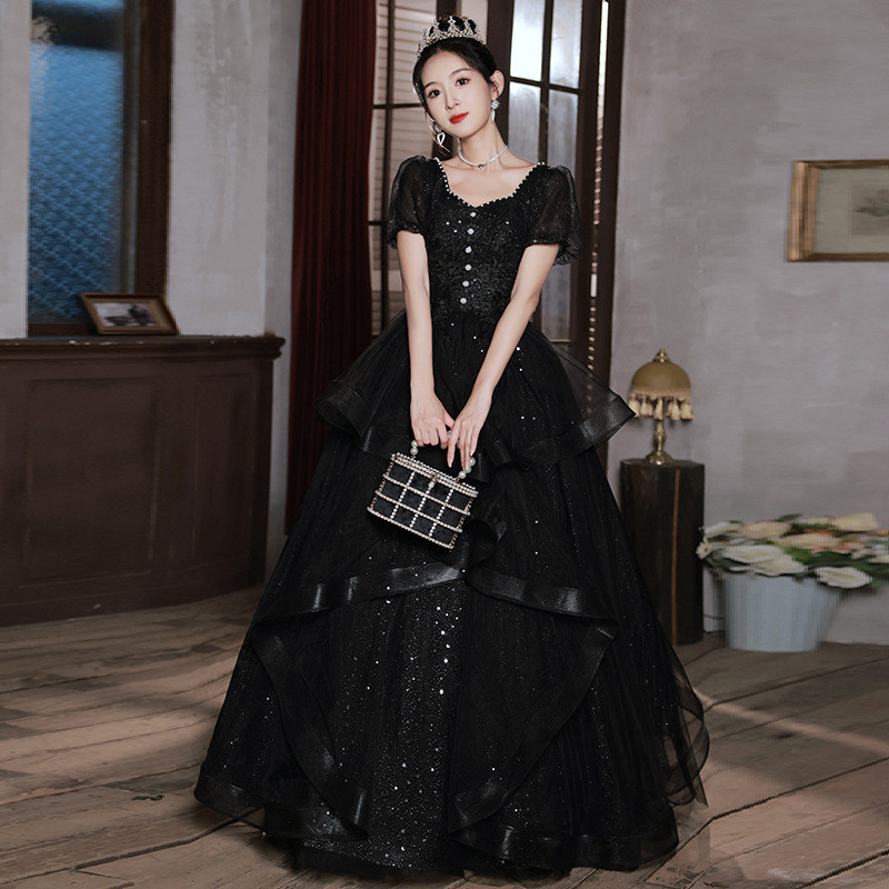 黒 カーキ 半袖 ロング カラードレス プリンセス 綺麗 高級感 ウェディング パーティー 演奏会 二次会 AK318