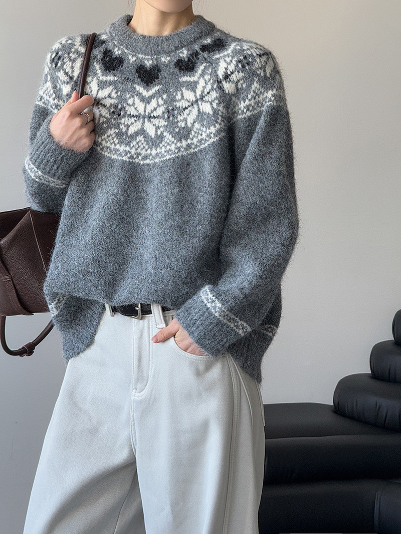 秋レディースレトロ厚手ジャカードクルーネックプルオーバー【返品・交換可】品質最優先25-589