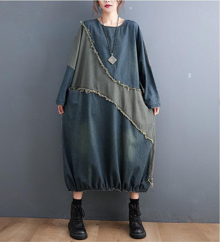 超ゆったり　大きいサイズ　レディース　　デニム　ワンピース　ダメージ