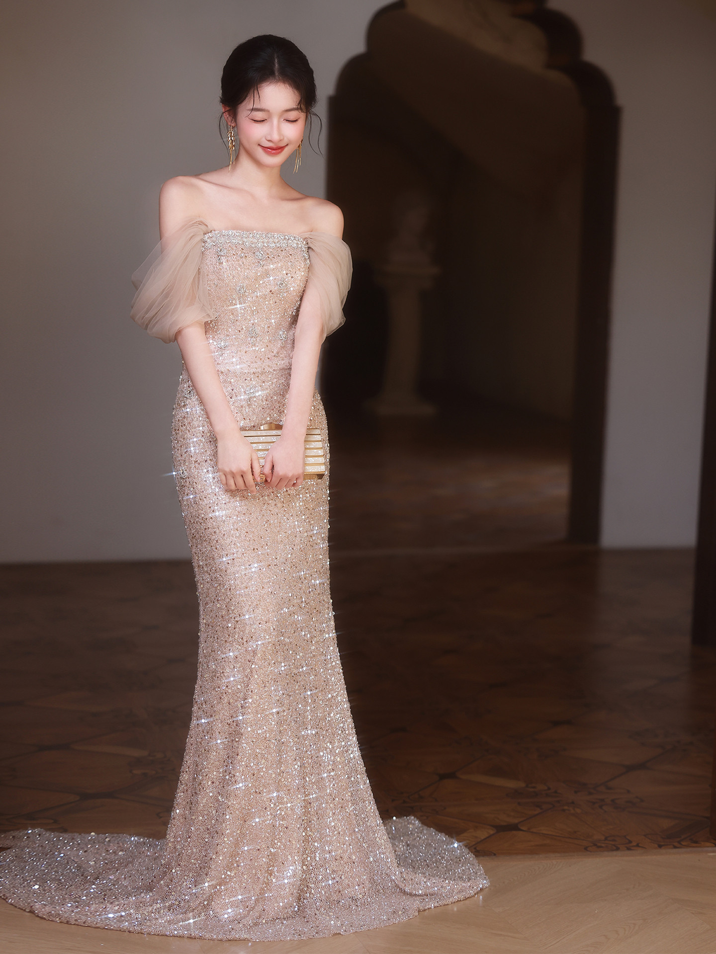 綺麗 シャンパン色 オフショルダー スパンコール マーメイドドレス 優雅 パーティー 誕生日 二次会 前撮り 09139